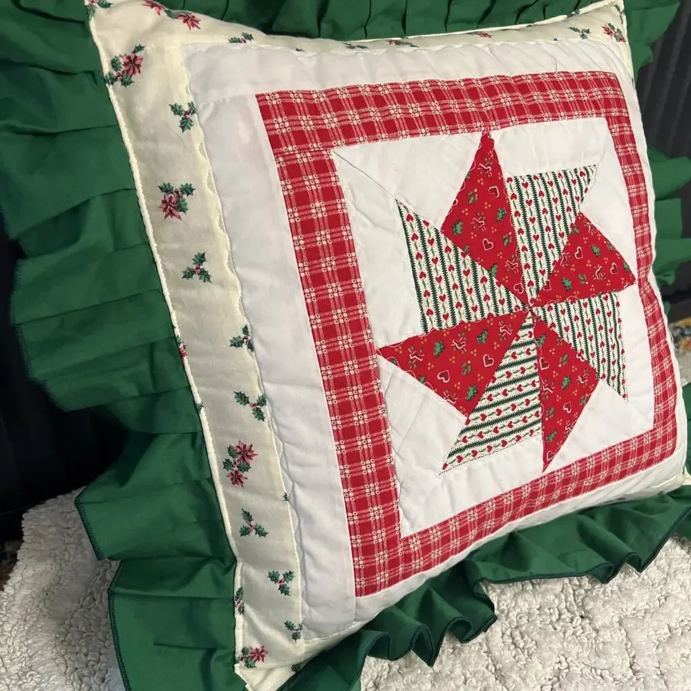 Vintage Christmas Pinwheel Quilt Pillow Red Green Ruffle Farmhouse Country